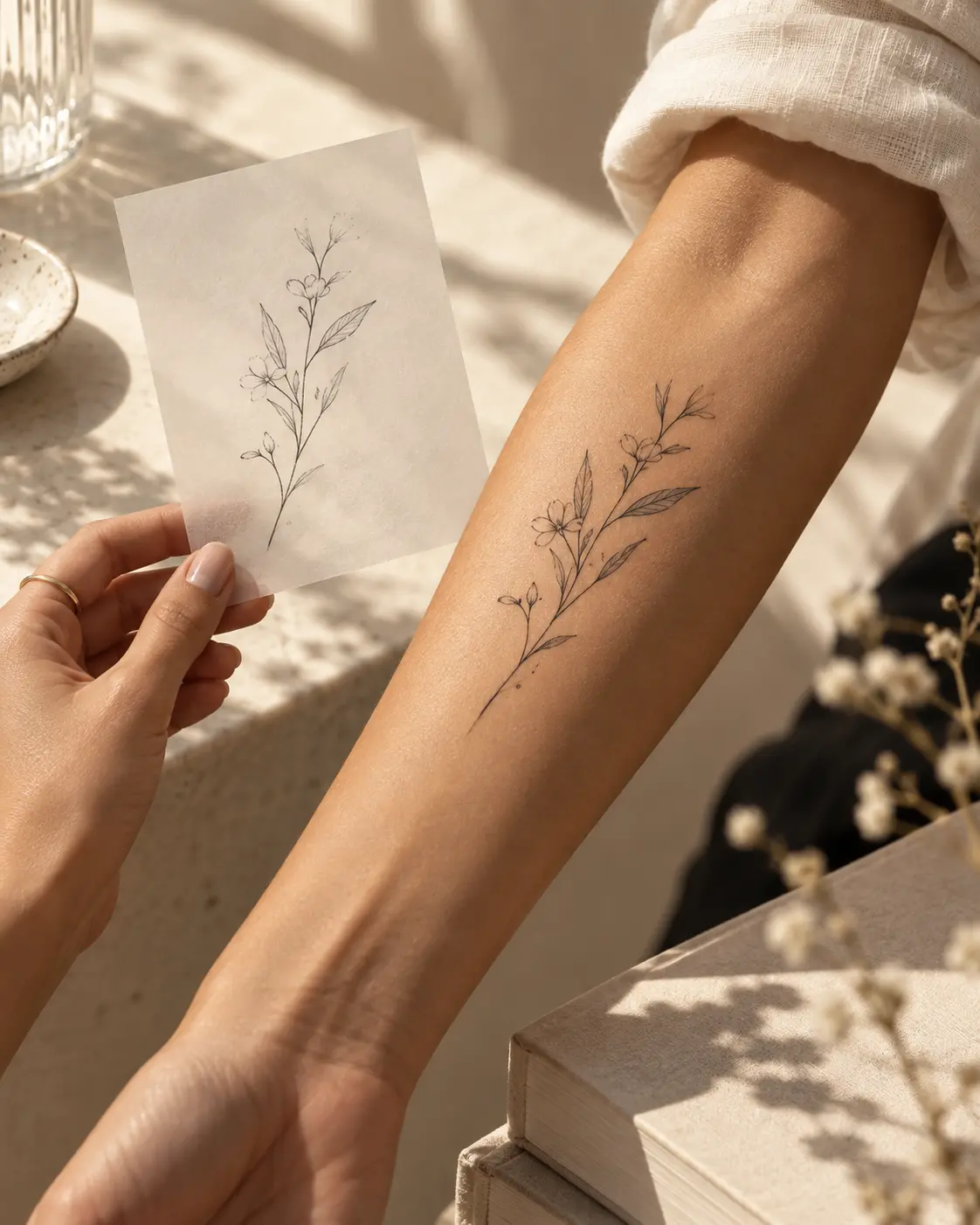 Fine-line wildflowers on an inner forearm in warm afternoon light